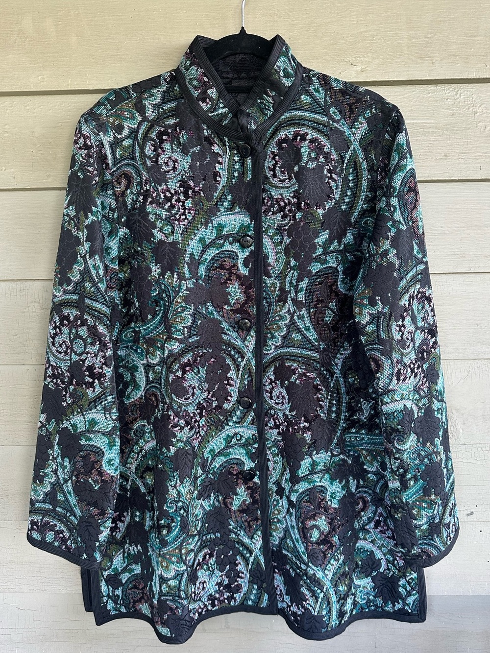 Vintage Reversible Paisley Jacquard Jacket by Coldwater Creek Teal Black